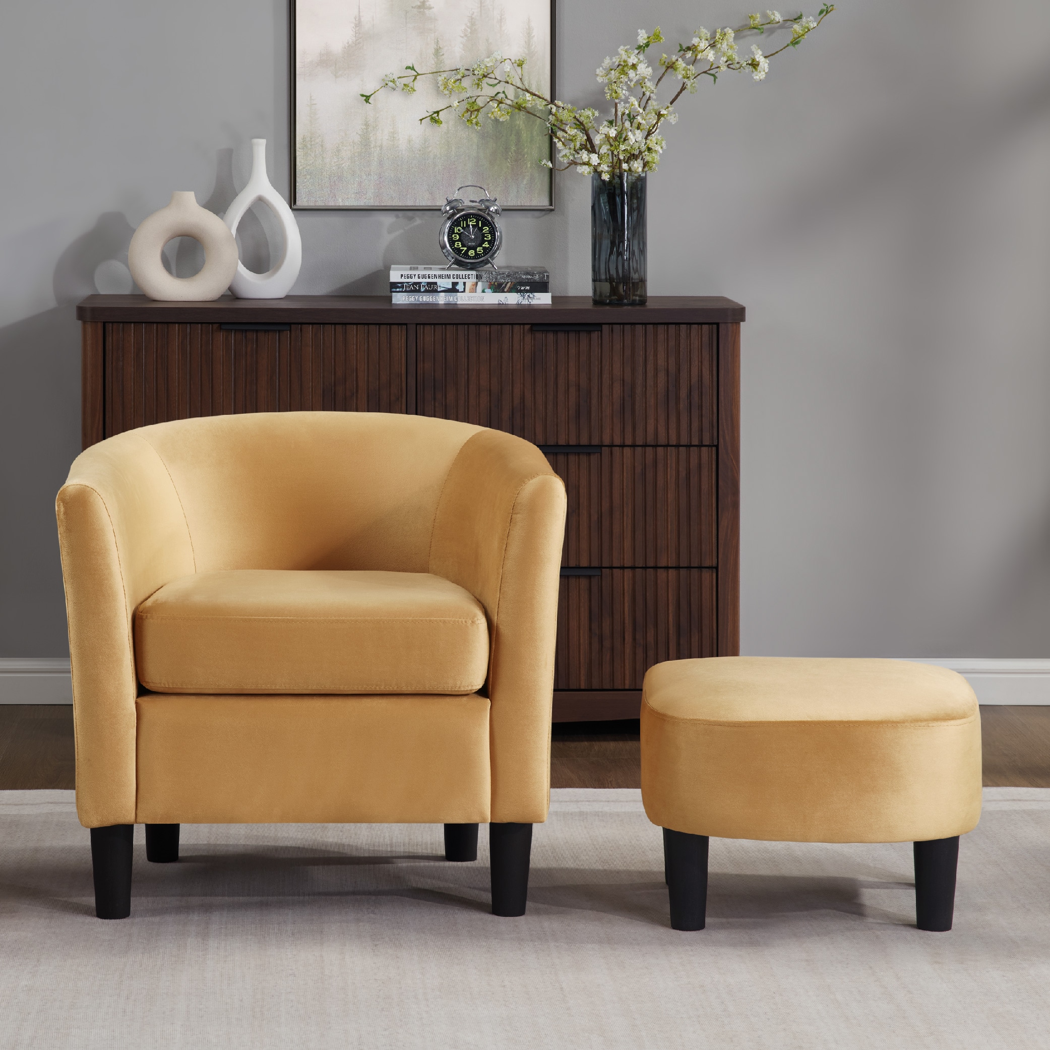 Velvet Accent Chair with Ottoman, Modern Barrel Chair Armchair for Living Room, Bedroom, Yellow Velvet Accent Chair with Ottoman, Modern Barrel Chair Armchair for Living Room, Bedroom, Yellow